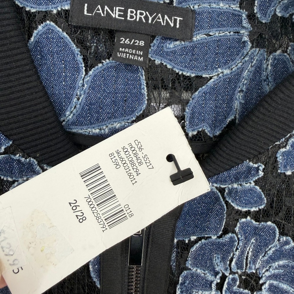 Lane Bryant Bomber Jacket Women 26/28 Blue Floral Sheer Lace Denim Applique Boho - Picture 6 of 8